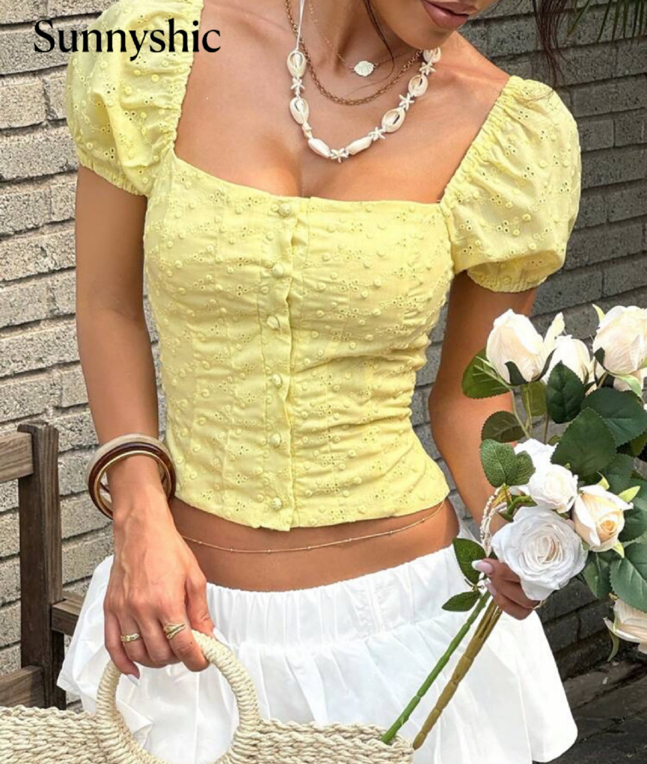 S1818 - Blusa de hombros descubiertos de unicolor texturizada para vacaciones