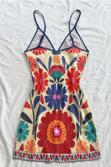 PR65 - Vestido mini con tirantes con estampado floral y decoración de moño, para vacaciones