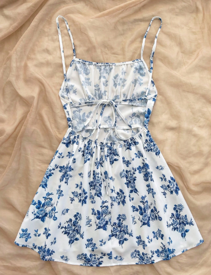 PR73 - Vestido mini con tirantes de espagueti y espalda descubierta, con estampado floral azul y blanco, apropiado para otoño/invierno, uso en fiestas y diario