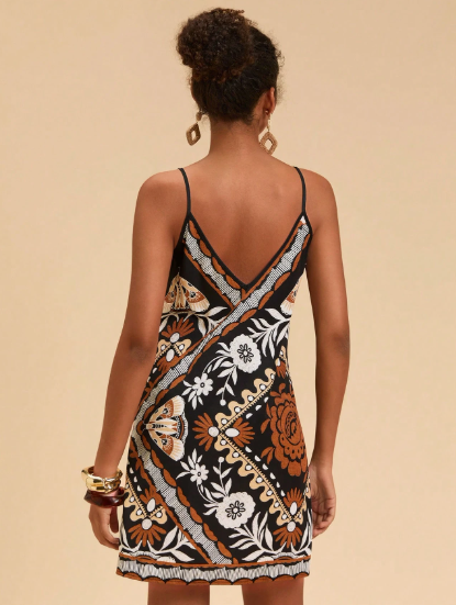PR77 - Vestido mini de mujer con tirantes finos y estampado retro tejido para vacaciones