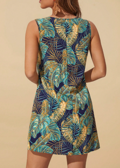 PR76 - Vestido De Vacaciones Con Cuello Redondo Y Sin Mangas Con Estampado Tropical