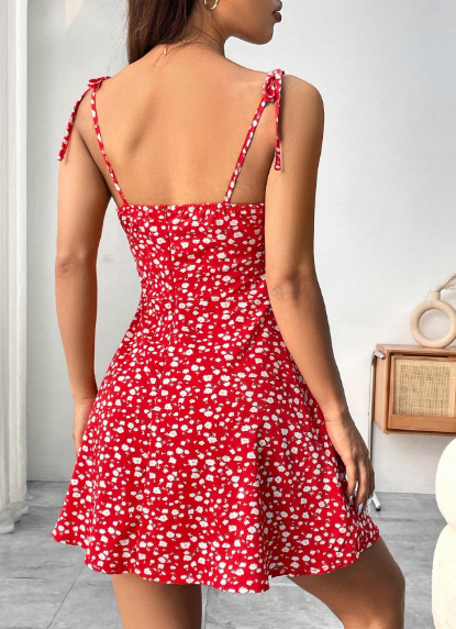 PR87 -Vestido de tirantes con pliegues en el busto con estampado floral para ropa de Año Nuevo, vestido corto mini para mujeres