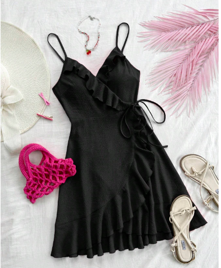 PR62 - Vestido camisero de línea A con volantes en la cintura de tela texturizada rosa roja, cinta en la cintura y lazo lateral para vacaciones de verano