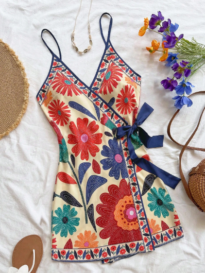 PR65 - Vestido mini con tirantes con estampado floral y decoración de moño, para vacaciones