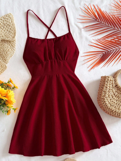 PR67 - Vestido mini con tirantes cruzados en la espalda, de color rojo y sexy
