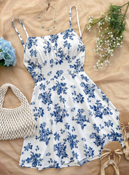 PR73 - Vestido mini con tirantes de espagueti y espalda descubierta, con estampado floral azul y blanco, apropiado para otoño/invierno, uso en fiestas y diario