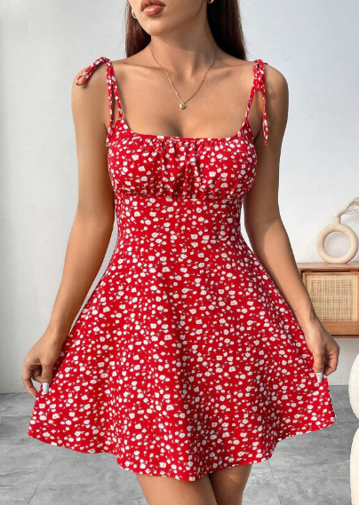 PR87 -Vestido de tirantes con pliegues en el busto con estampado floral para ropa de Año Nuevo, vestido corto mini para mujeres